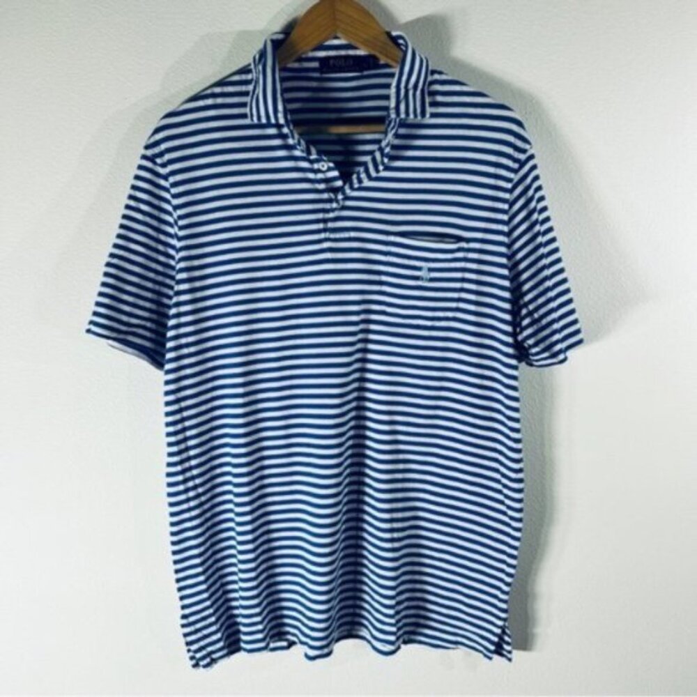 Ralph Lauren Polo Men’s Preppy Blue and White Stripe Polo Shirt Size L.
